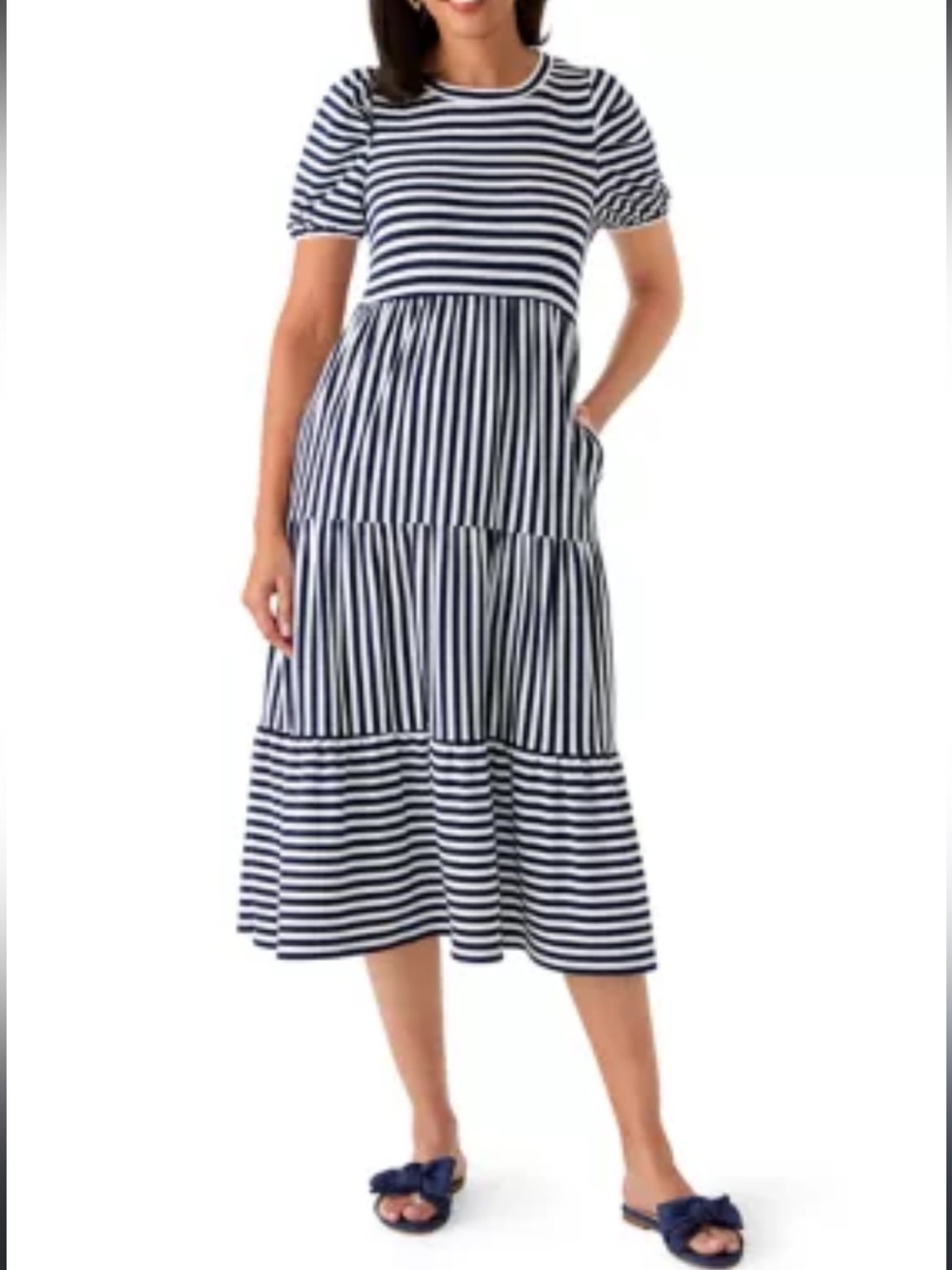 Crown & Ivy Midi Dress Womens Sz S Navy White Stripe Knit Tier Short Slv Pockets